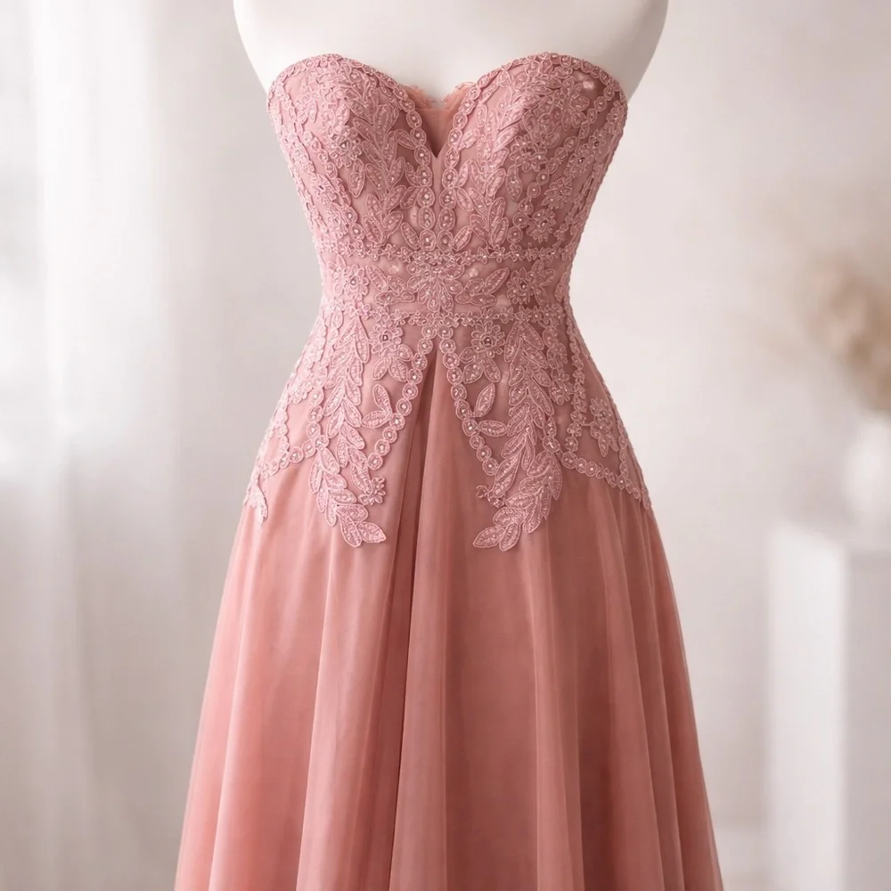 Blondie Nites Dusty Rose Strapless Lace Tulle Gown – Size 7 - Picture 2 of 11